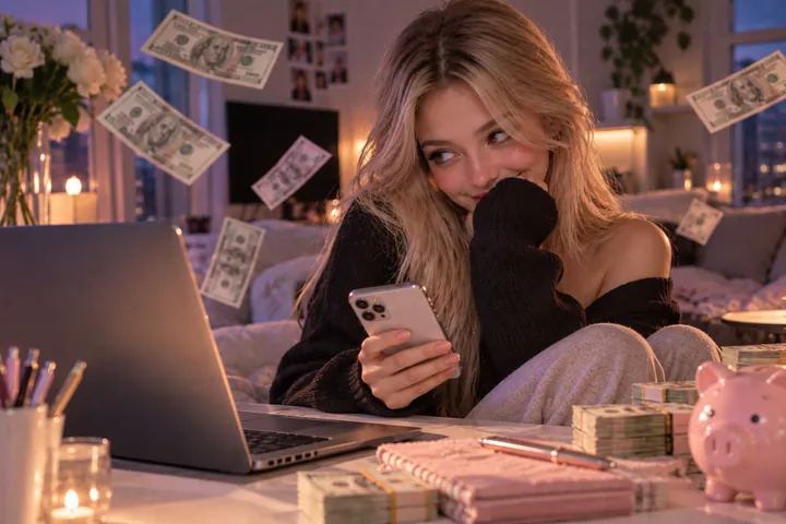 Woman smiling at her phone at night beside a laptop, candles, a piggy bank and bundles of banknotes, with more banknotes floating around her