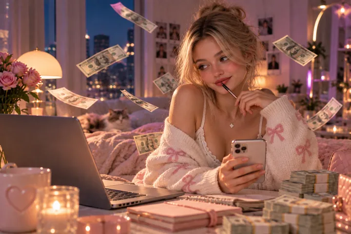 Woman in a pink cardigan holding a phone and a pen at a desk with a laptop, candles and bundles of banknotes as banknotes float in the air