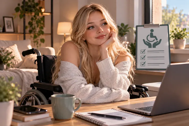 Woman smiling at a desk with a laptop and a notebook, a wheelchair behind her and a clipboard showing an accessibility icon and ticked items