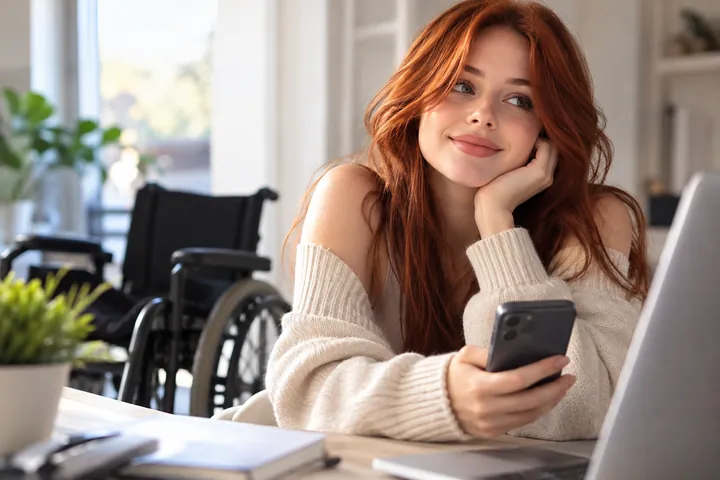 Red-haired woman holding a phone at a desk with a laptop, an empty wheelchair by the window behind her