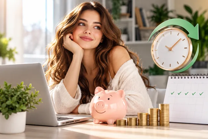 Woman with her chin on her hand at a desk with a laptop, a pink piggy bank, stacks of coins, a clock circled by a green arrow and a calendar of ticked days