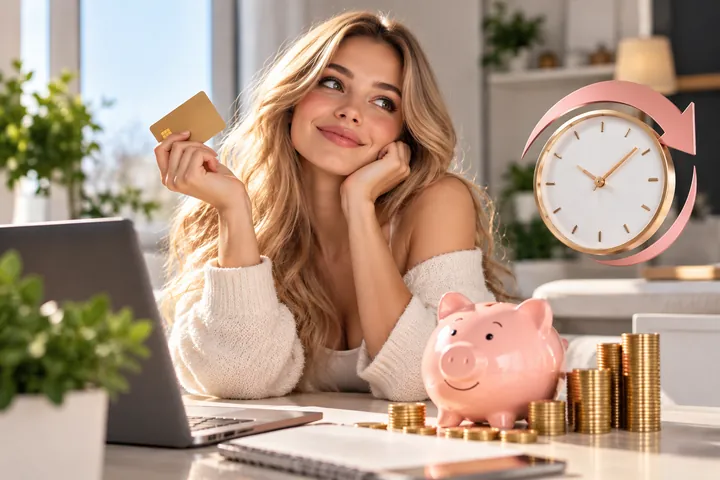 Woman holding up a bank card at a desk beside a laptop, a pink piggy bank and rising stacks of coins, with a clock circled by a pink arrow