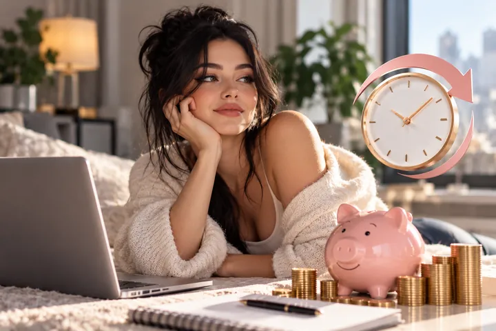 Woman leaning on a cushion behind a laptop, a notebook, a pink piggy bank and stacks of coins, with a clock circled by an arrow at her side