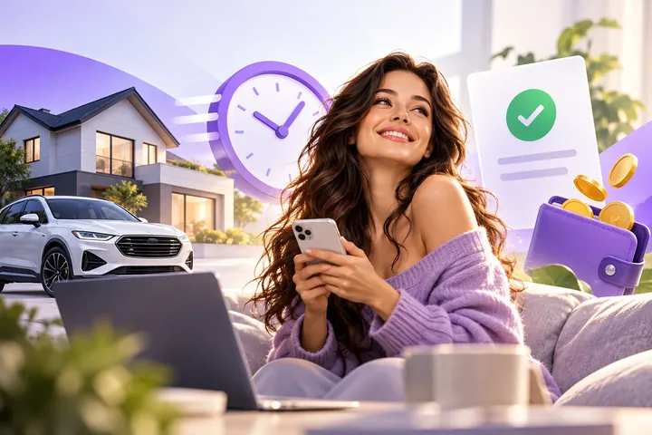 Smiling woman in a lilac sweater holding a phone on a sofa, with a clock, an approval tick and a wallet of coins floating beside a house and a white SUV