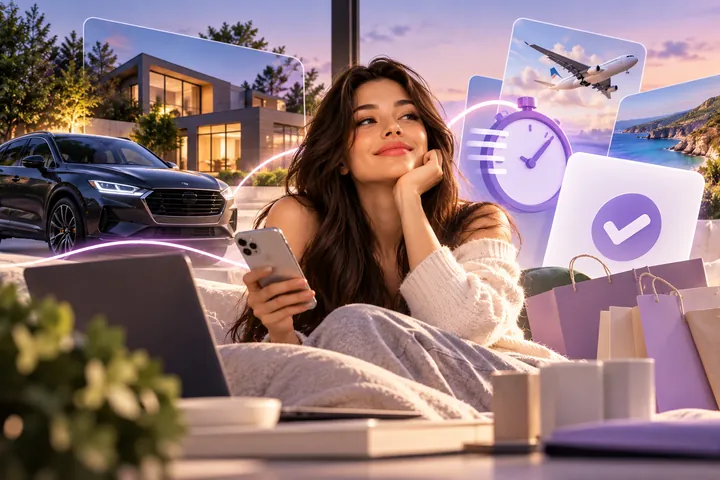 Woman in bed resting her chin on her hand with a phone and a laptop, surrounded by floating panels of a car, a modern house, a stopwatch, shopping bags and a plane