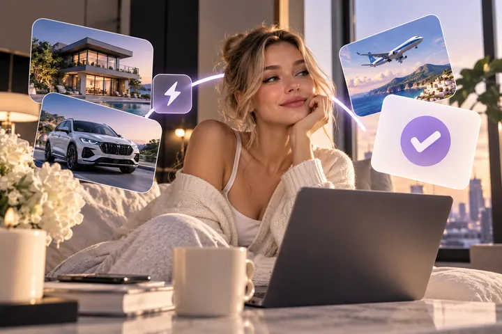 Woman leaning on a cushion beside a laptop and mugs in a bright living room, with floating cards of a house, an SUV, a plane and a purple approval tick